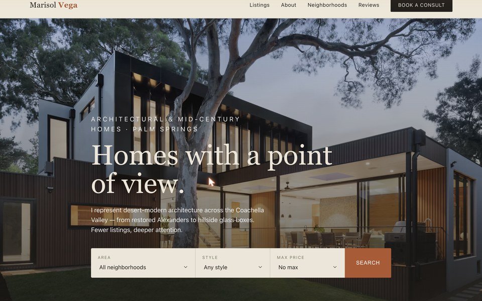 Marisol Vega desert-modern real estate website homepage, built by KaelRune Media